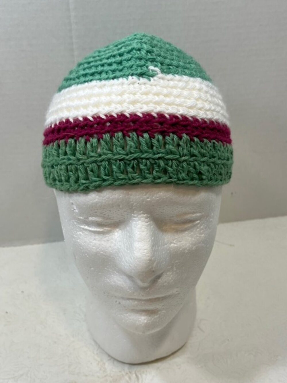 Handmade Crochet Kufi Beanie – Green, White & Maroon Horizontal Striped Design